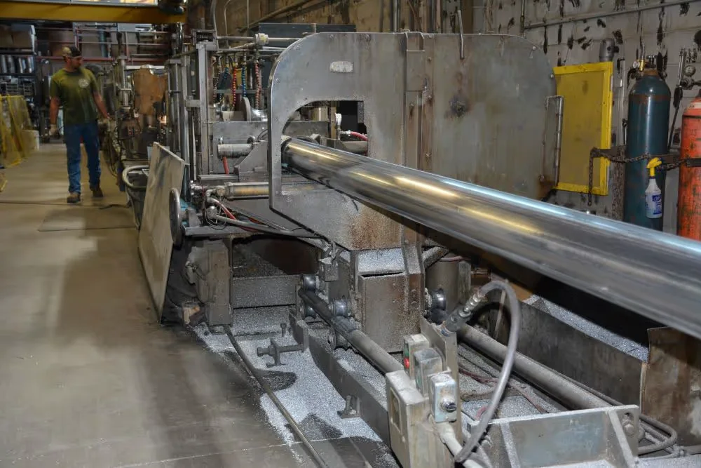 Irrigation pipe moving through Reinke’s manufacturing facility