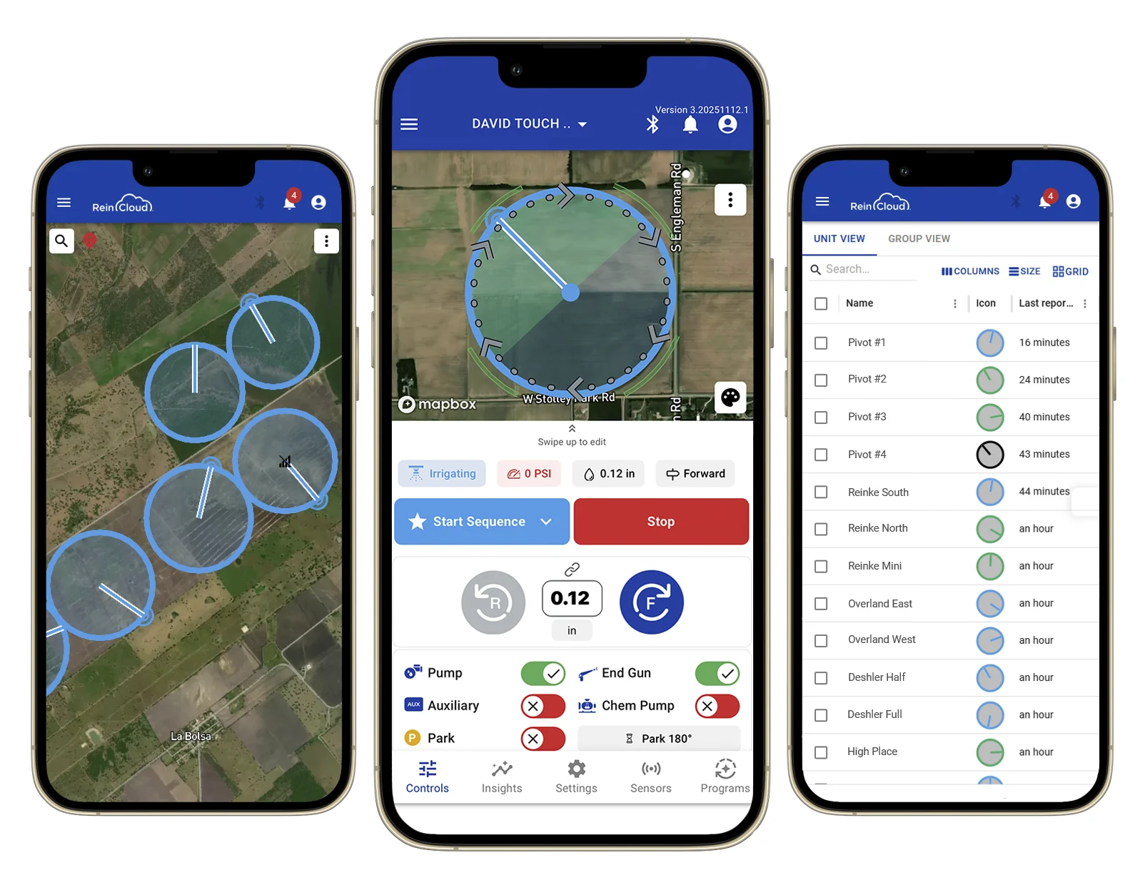 ReinCloud irrigation management displayed on three phone screens